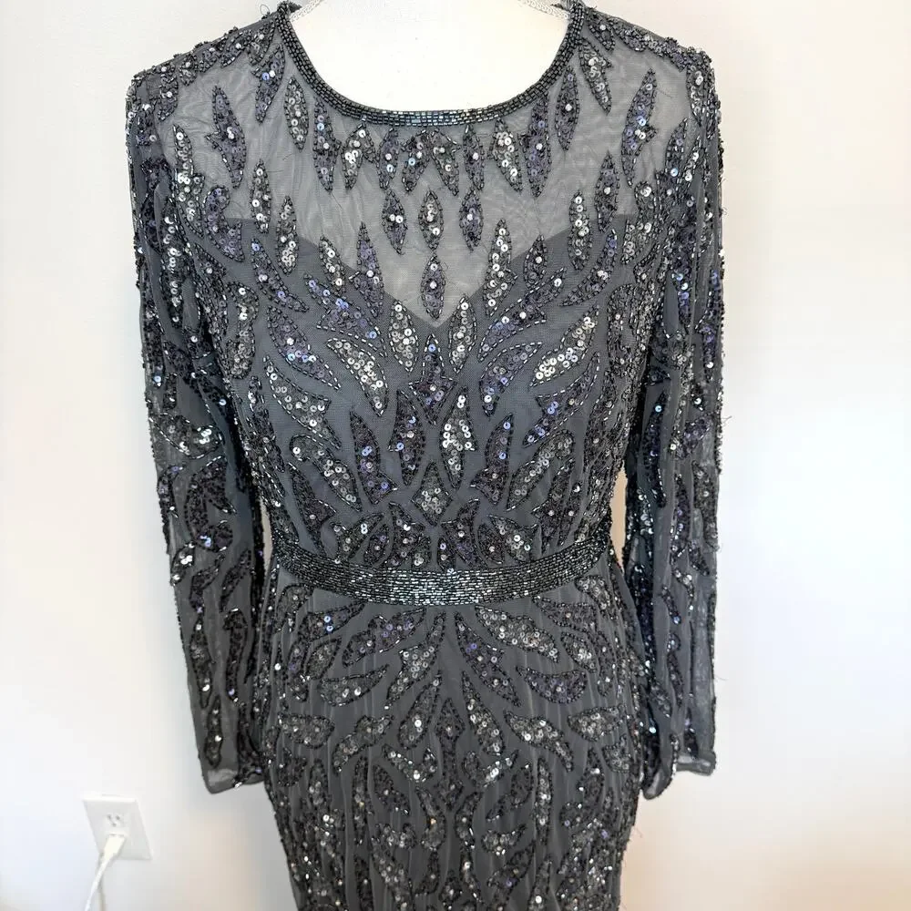 Mac Duggal 5124 Beaded Long Sleeve Evening Gown In Charcoal Size 8 New - Picture 3 of 16